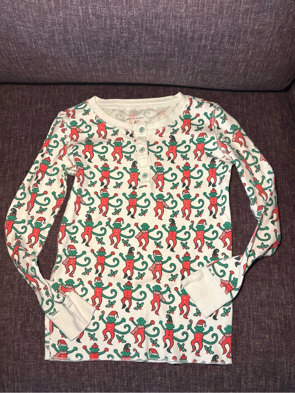 Roller Rabbit "Monkey Mas" Holiday Christmas Pajama Henley Top Size 6 EUC